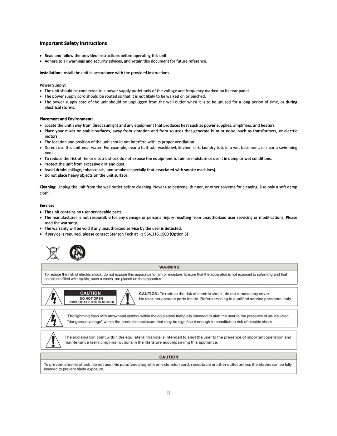 Stanton SCS.1d manual Important Safety Instructions, Power Supply, Placement and Environment, Service 