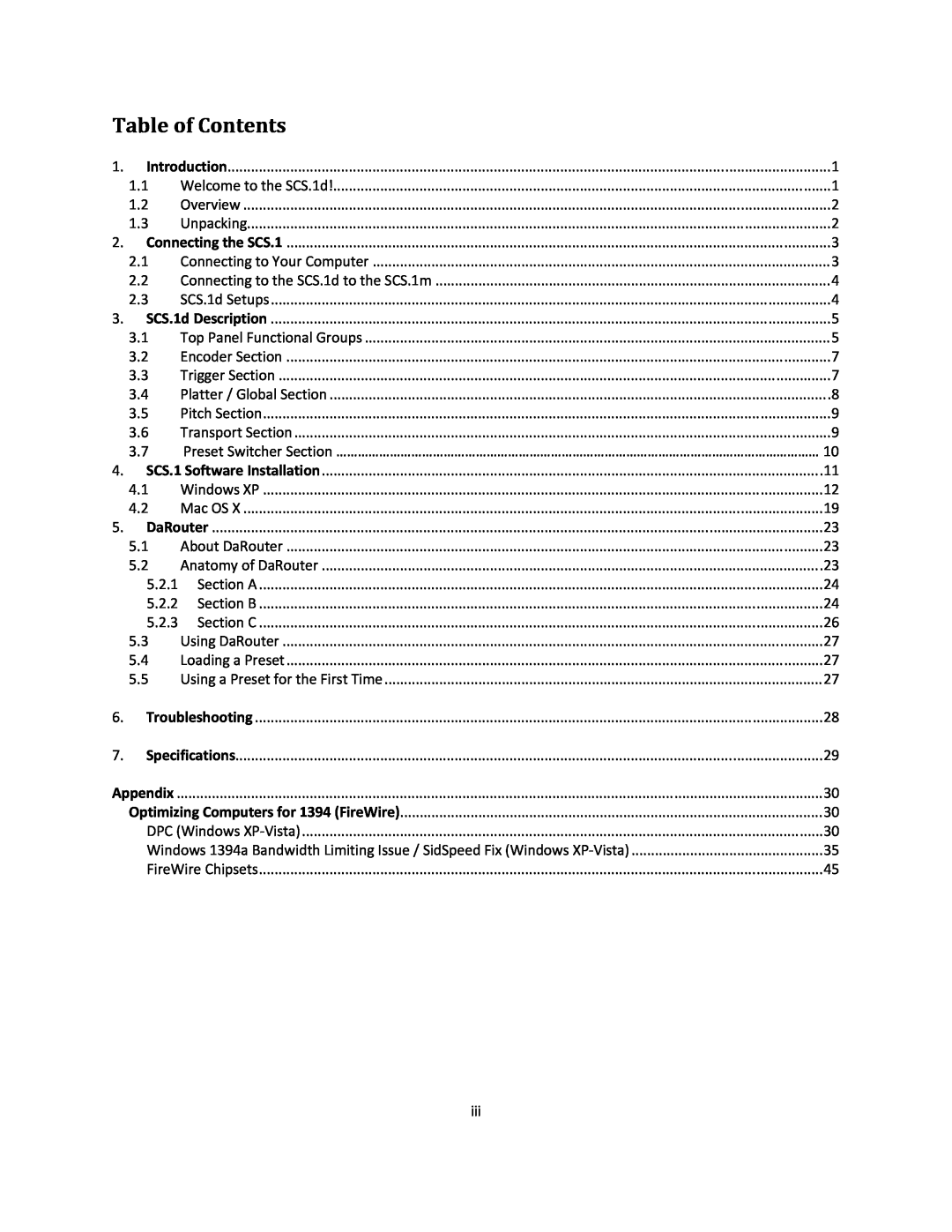 Stanton SCS.1d manual Table of Contents 