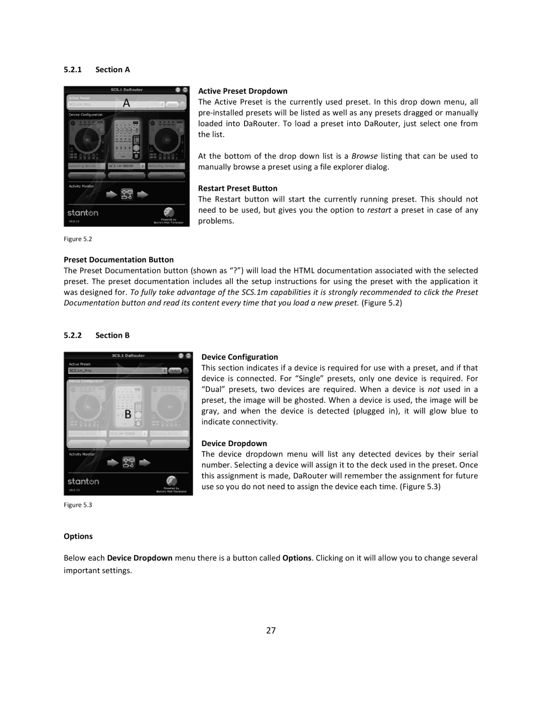 Stanton SCS.1m Section a Active Preset Dropdown, Restart Preset Button, Preset Documentation Button, Device Dropdown 