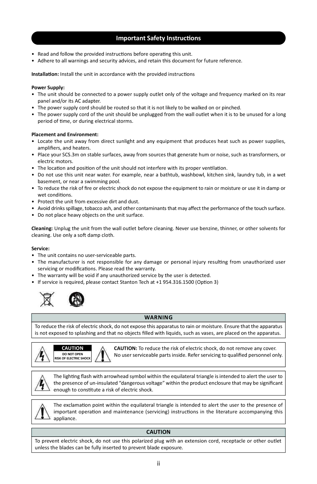 Stanton SCS.3M user manual Important Safety Instructions, Power Supply 