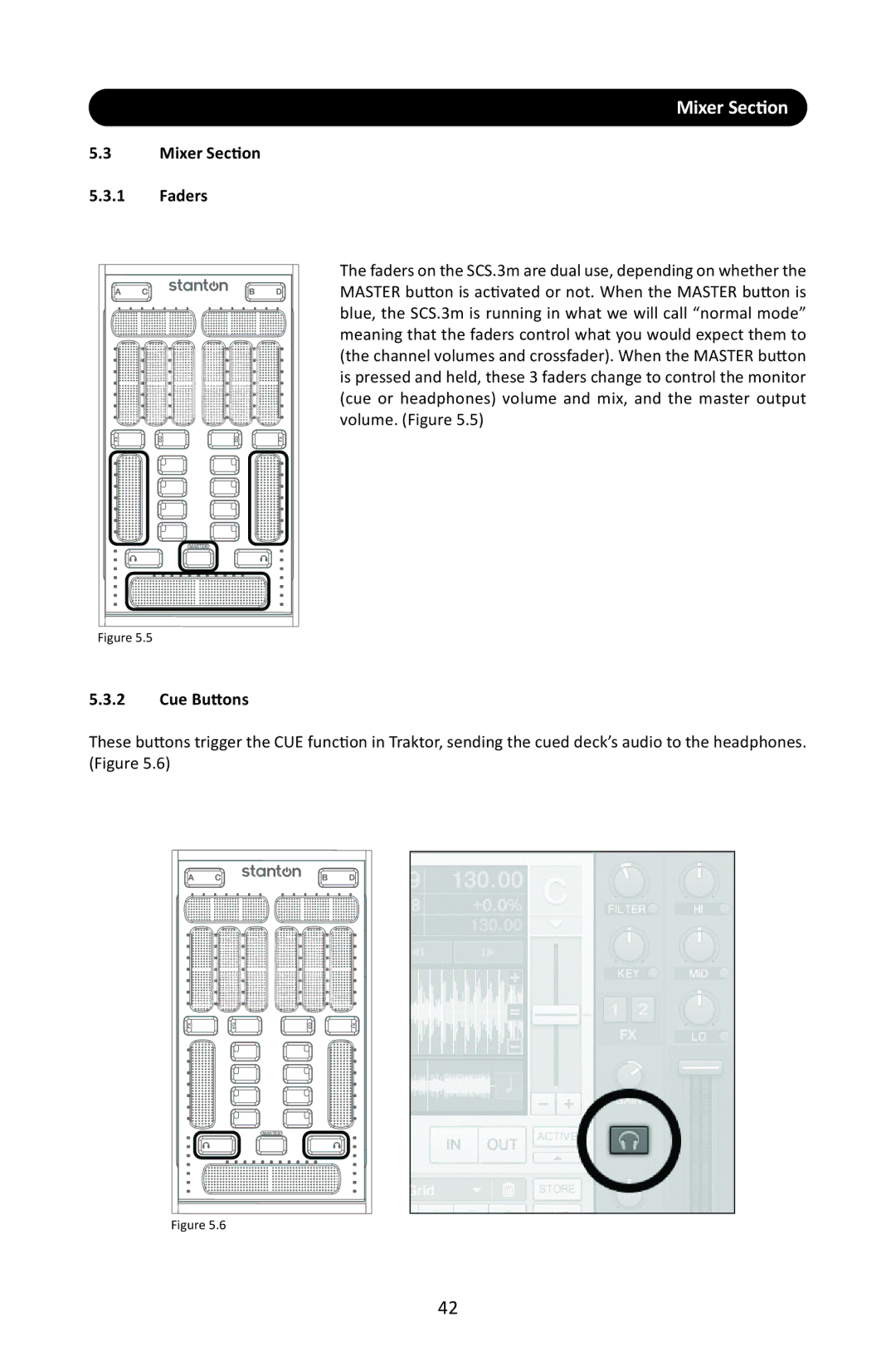 Stanton SCS.3M user manual Mixer Section Faders, Cue Buttons 