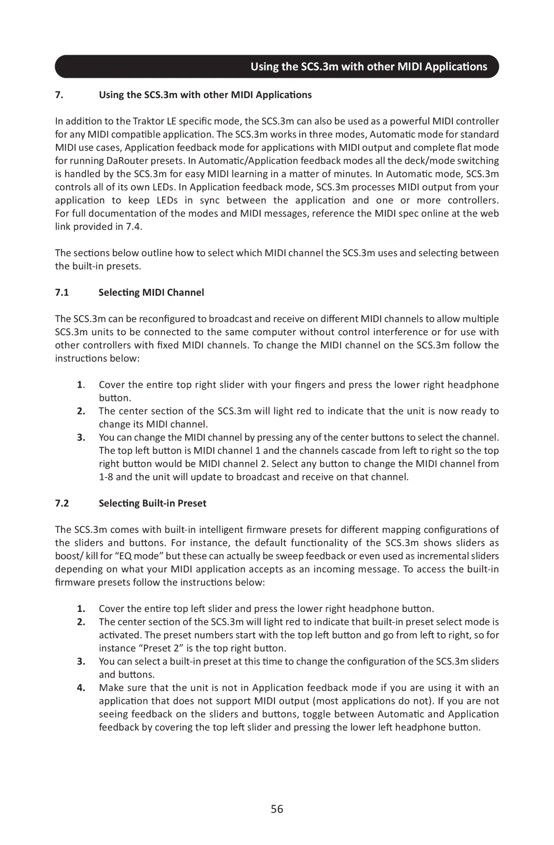 Stanton SCS.3M user manual Using the SCS.3m with other Midi Applications, Selecting Midi Channel, Selecting Built-in Preset 