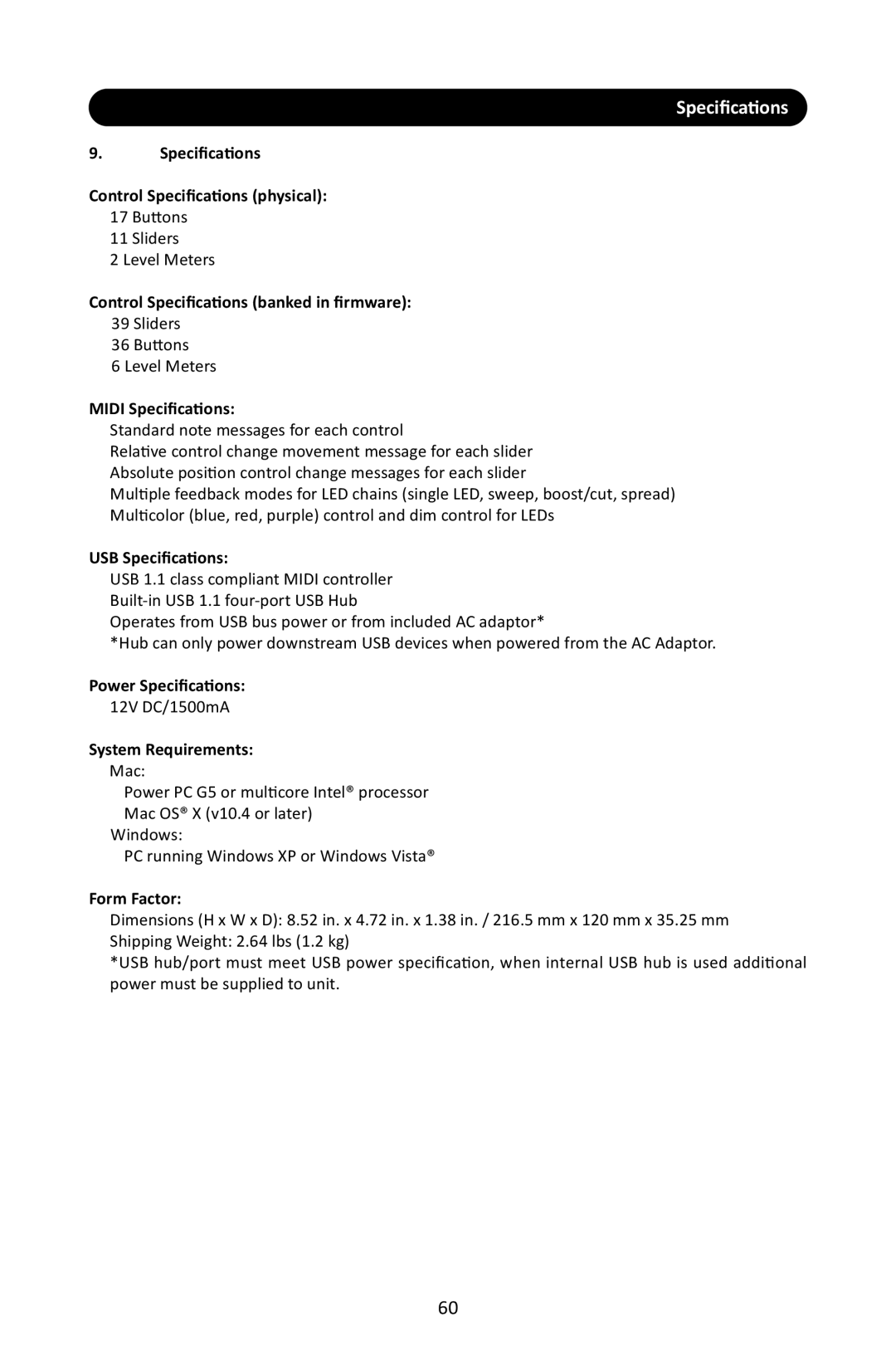 Stanton SCS.3M user manual Speciﬁcations 