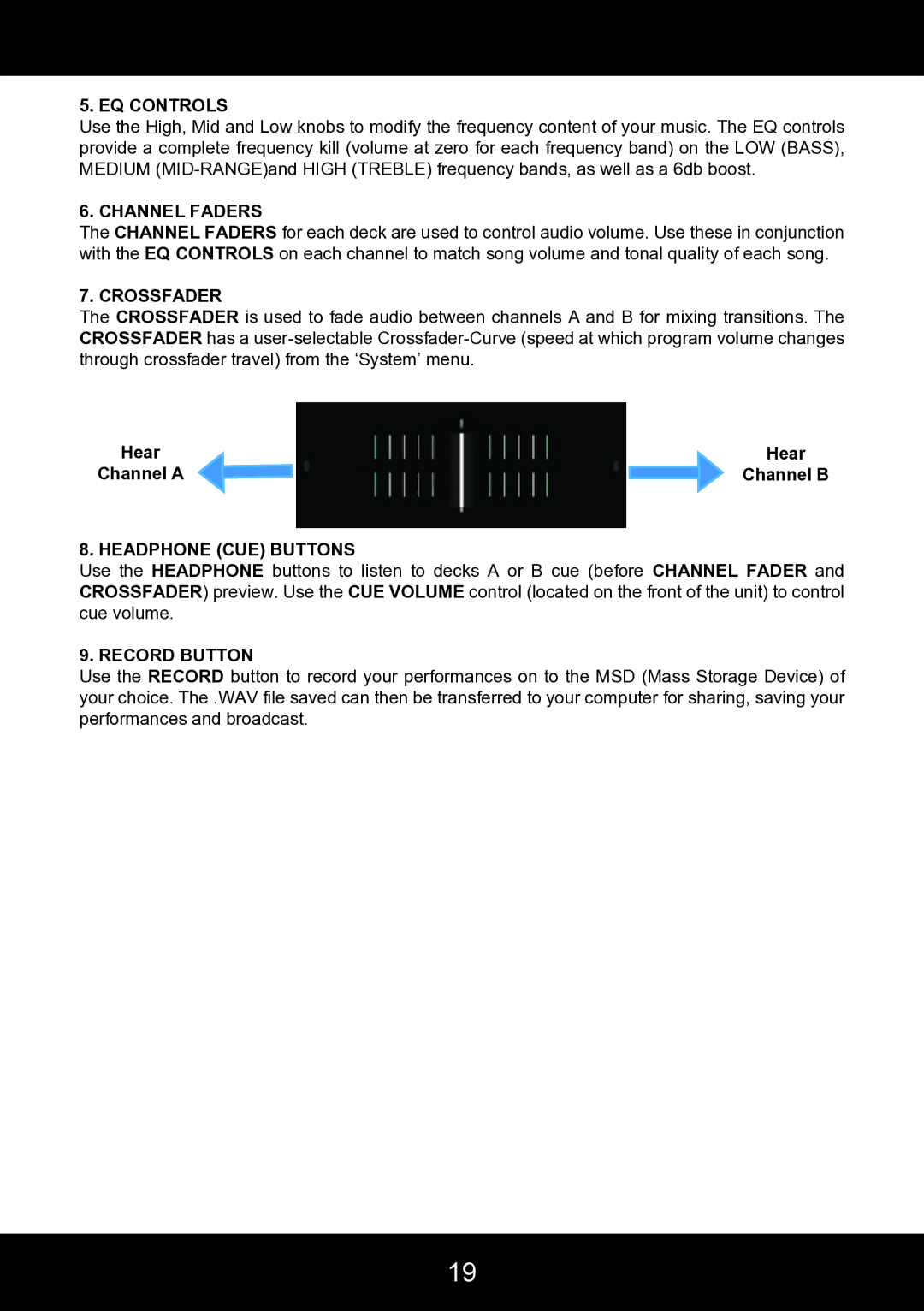 Stanton SCS.4DJ user manual EQ Controls, Channel Faders, Crossfader, Headphone CUE Buttons, Record Button 