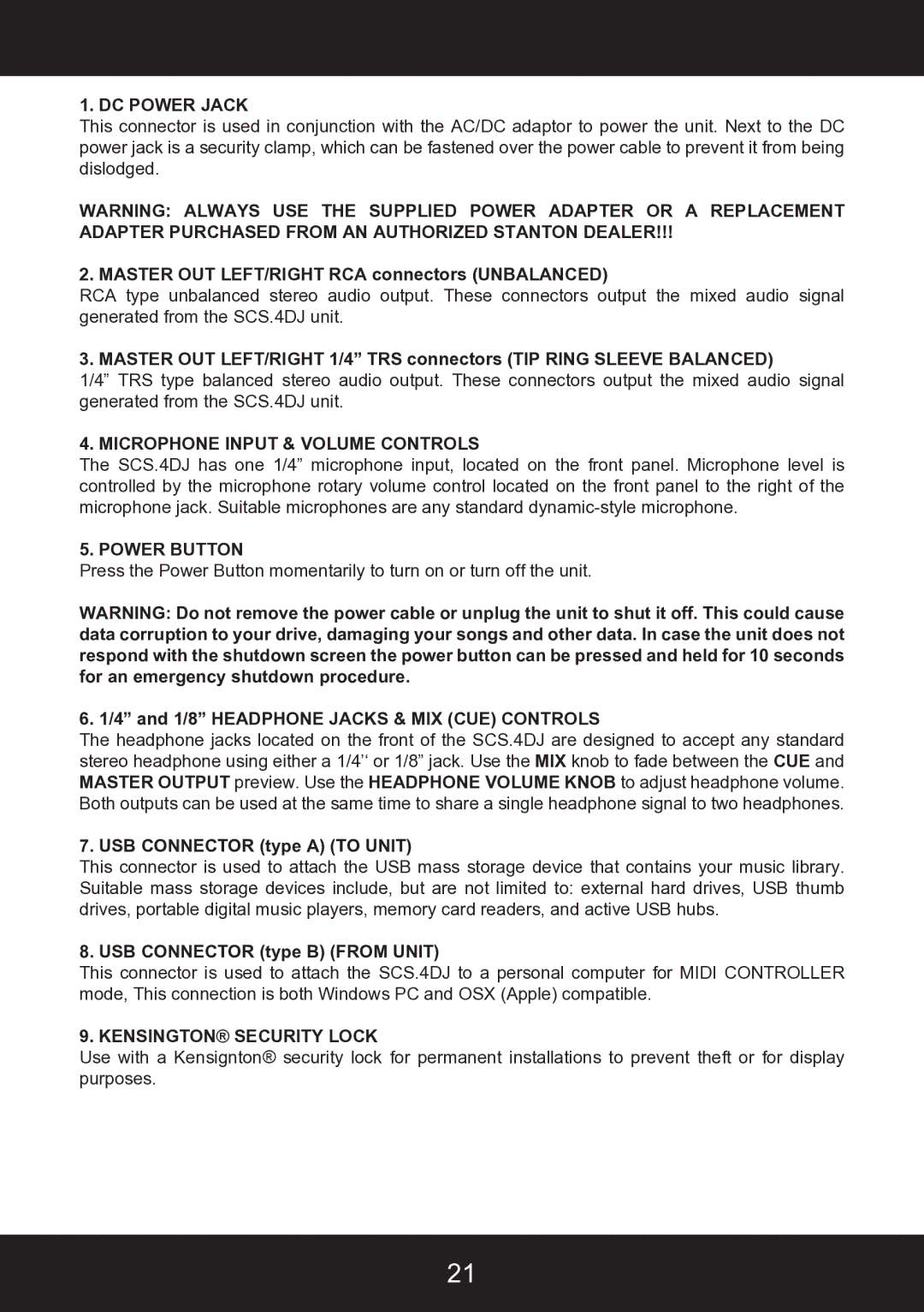 Stanton SCS.4DJ user manual DC Power Jack, Microphone Input & Volume Controls, Power Button, Kensington Security Lock 