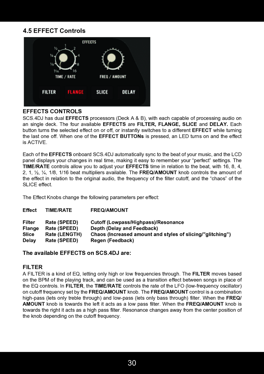 Stanton user manual Effect Controls, Effects Controls, Available Effects on SCS.4DJ are, Filter, Time/Rate Freq/Amount 