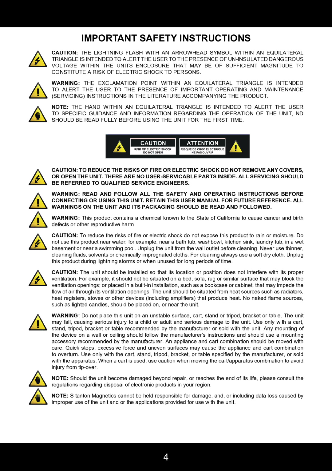 Stanton SCS.4DJ user manual Important Safety Instructions 