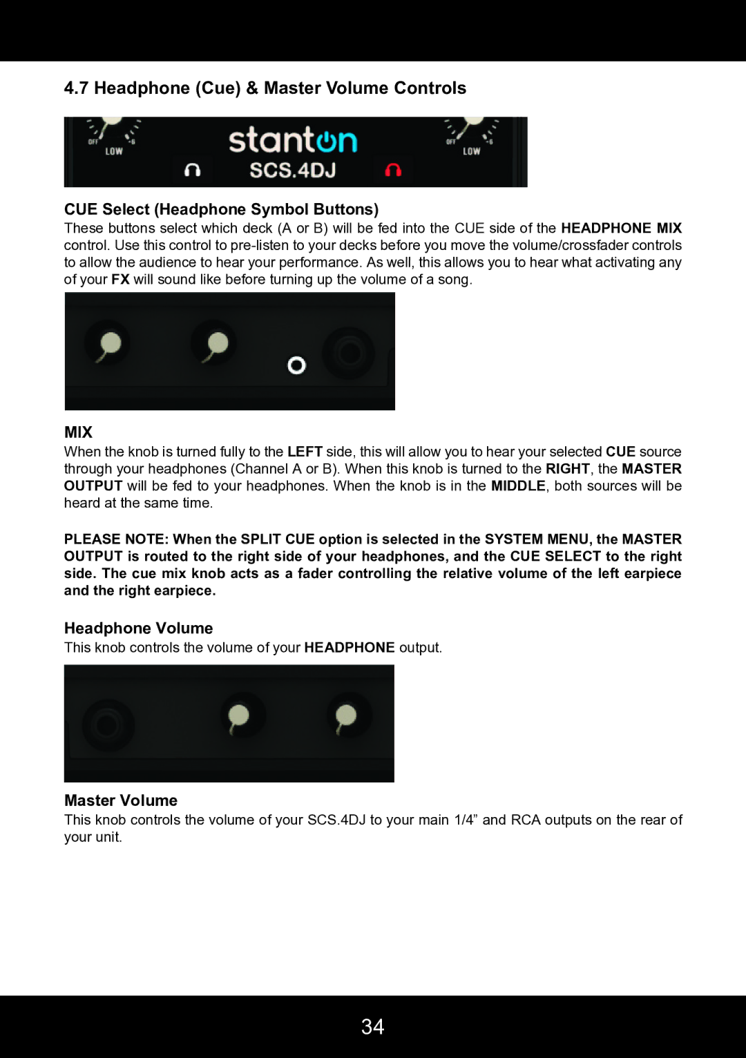 Stanton SCS.4DJ Headphone Cue & Master Volume Controls, CUE Select Headphone Symbol Buttons, Mix, Headphone Volume 