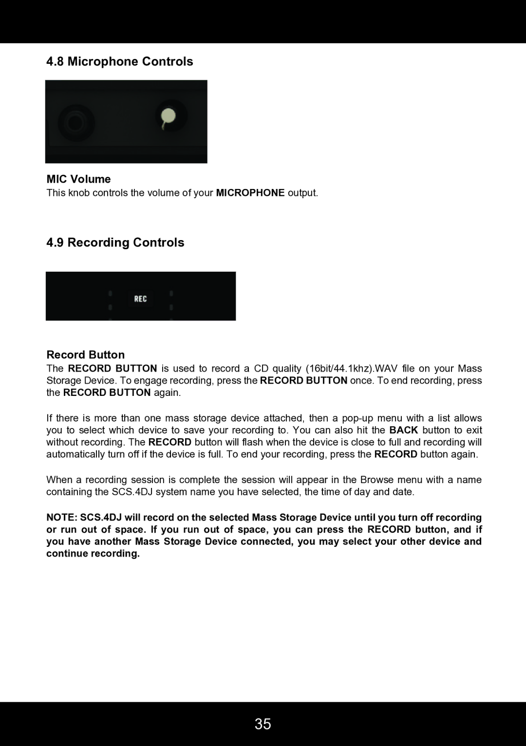 Stanton SCS.4DJ user manual Microphone Controls, Recording Controls, MIC Volume, Record Button 