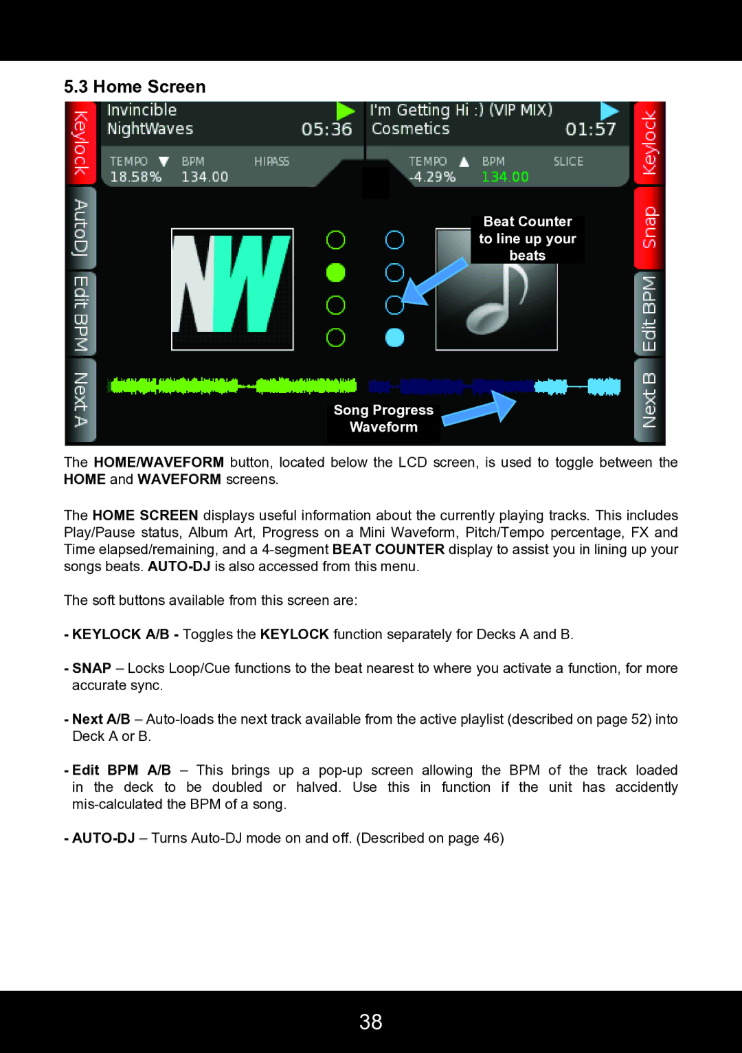 Stanton SCS.4DJ user manual Home Screen, Beat Counter to line up your beats Song Progress Waveform 