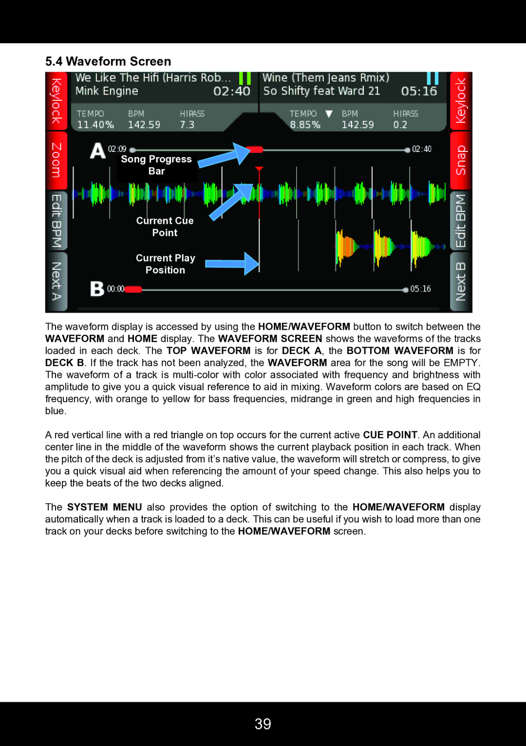 Stanton SCS.4DJ user manual Waveform Screen, Song Progress Bar Current Cue Point Current Play Position 