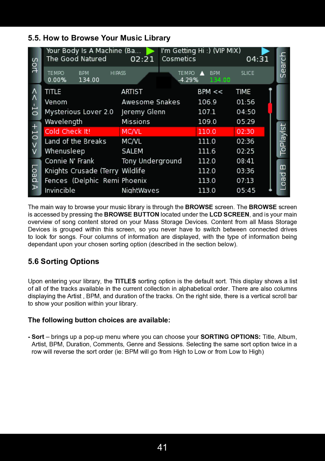 Stanton SCS.4DJ user manual How to Browse Your Music Library, Sorting Options, Following button choices are available 