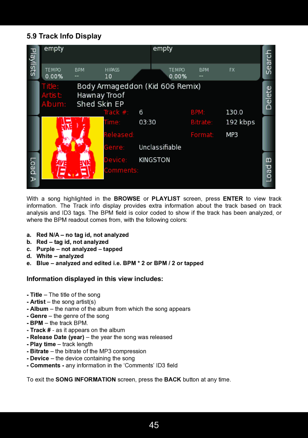 Stanton SCS.4DJ user manual Track Info Display, Information displayed in this view includes 