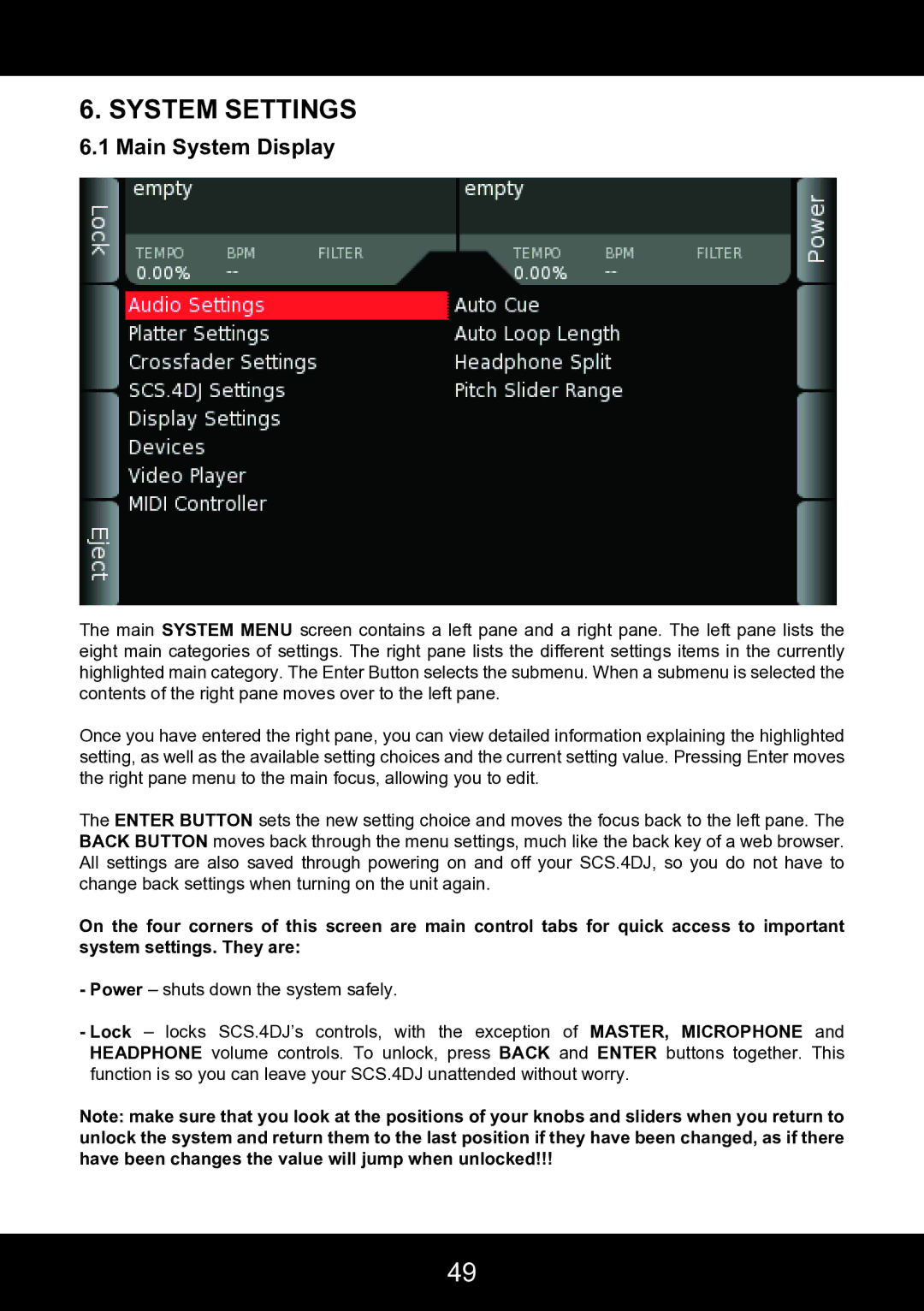 Stanton SCS.4DJ user manual System Settings, Main System Display 