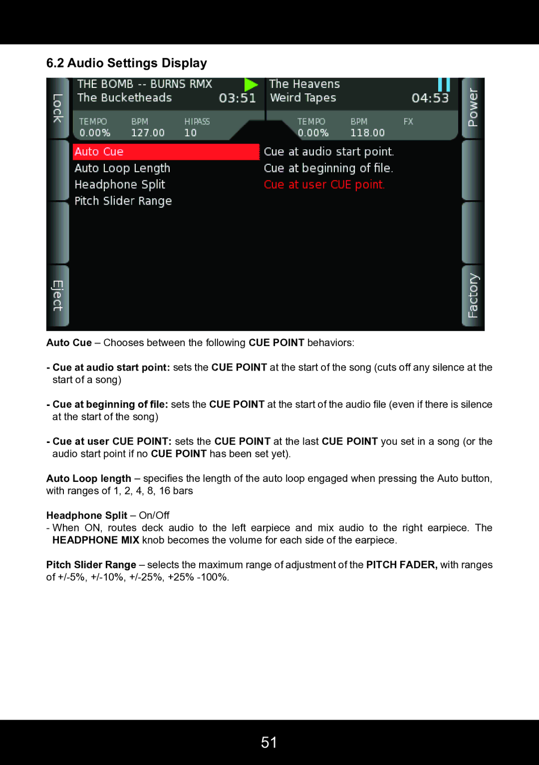 Stanton SCS.4DJ user manual Audio Settings Display, Headphone Split On/Off 