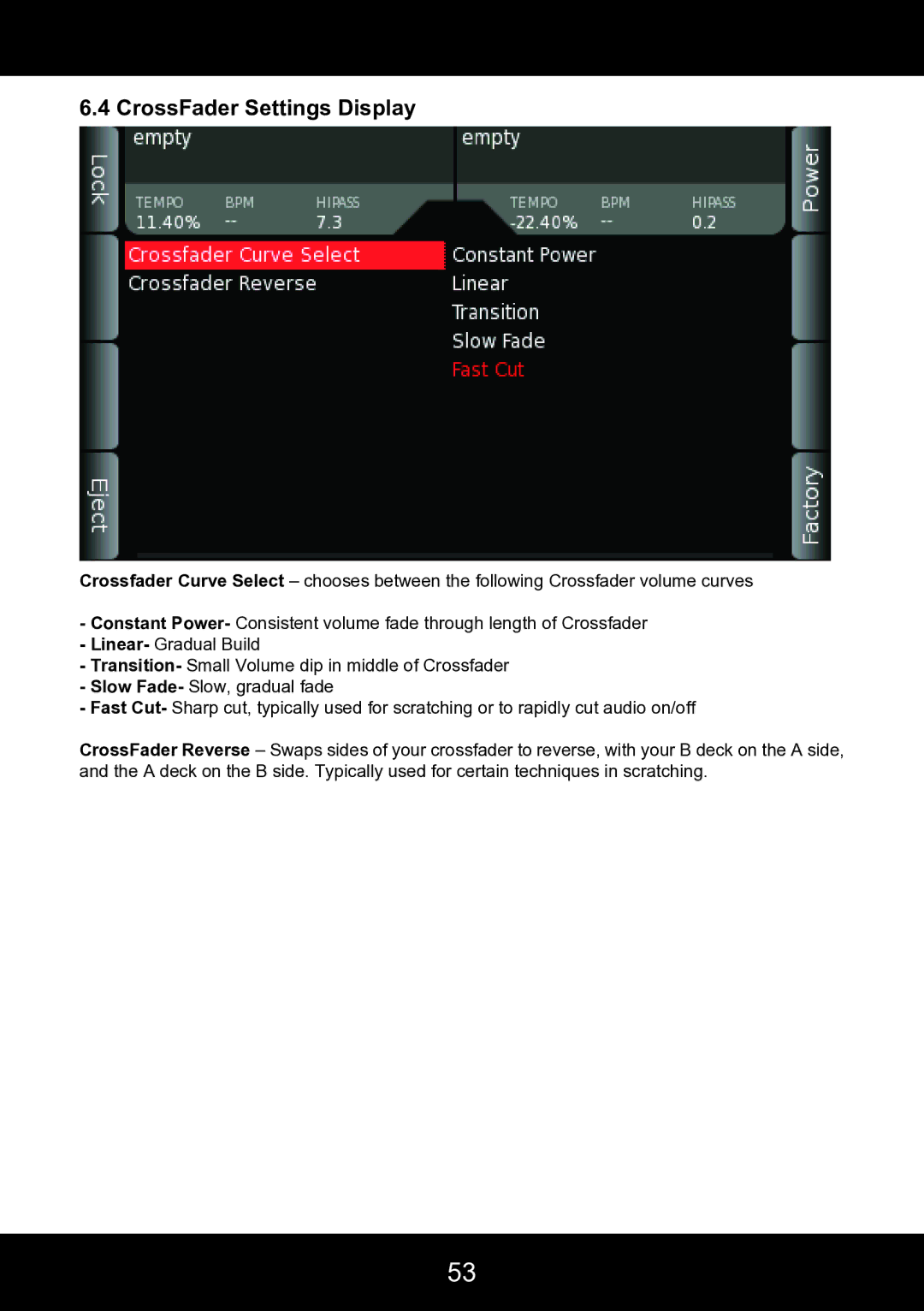 Stanton SCS.4DJ user manual CrossFader Settings Display 