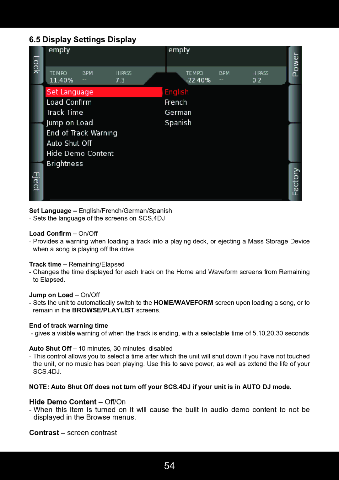 Stanton SCS.4DJ user manual Display Settings Display, Hide Demo Content Off/On, Load Confirm On/Off, Jump on Load On/Off 