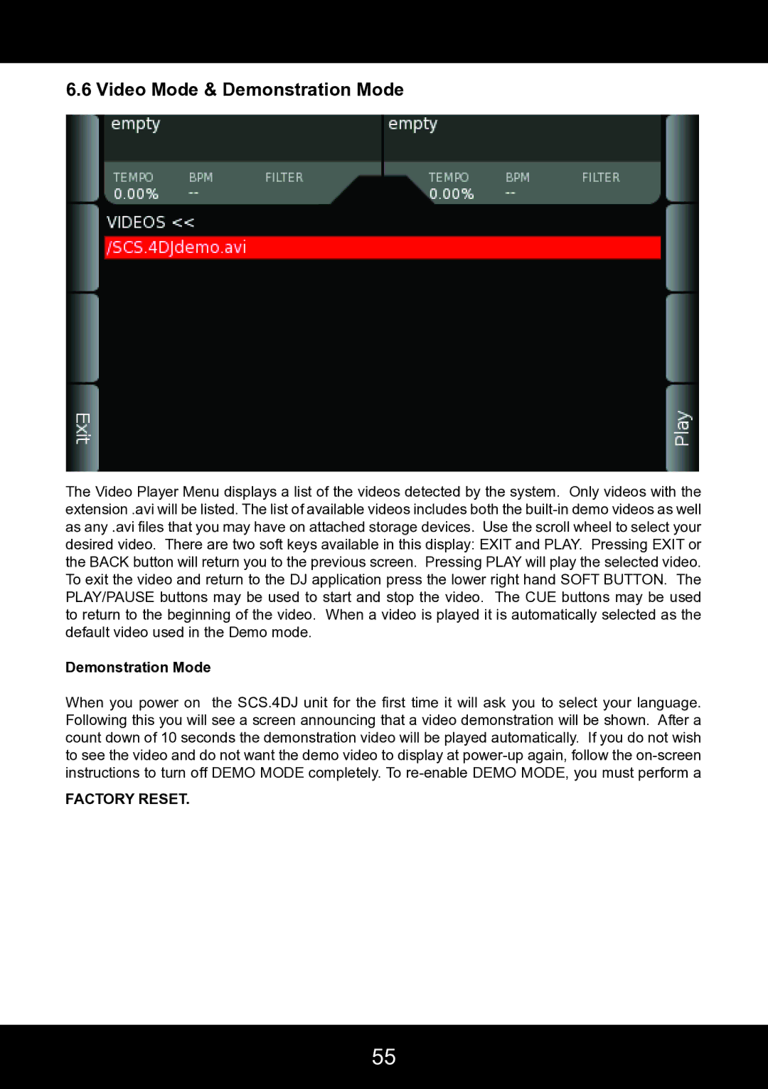 Stanton SCS.4DJ user manual Video Mode & Demonstration Mode, Factory Reset 