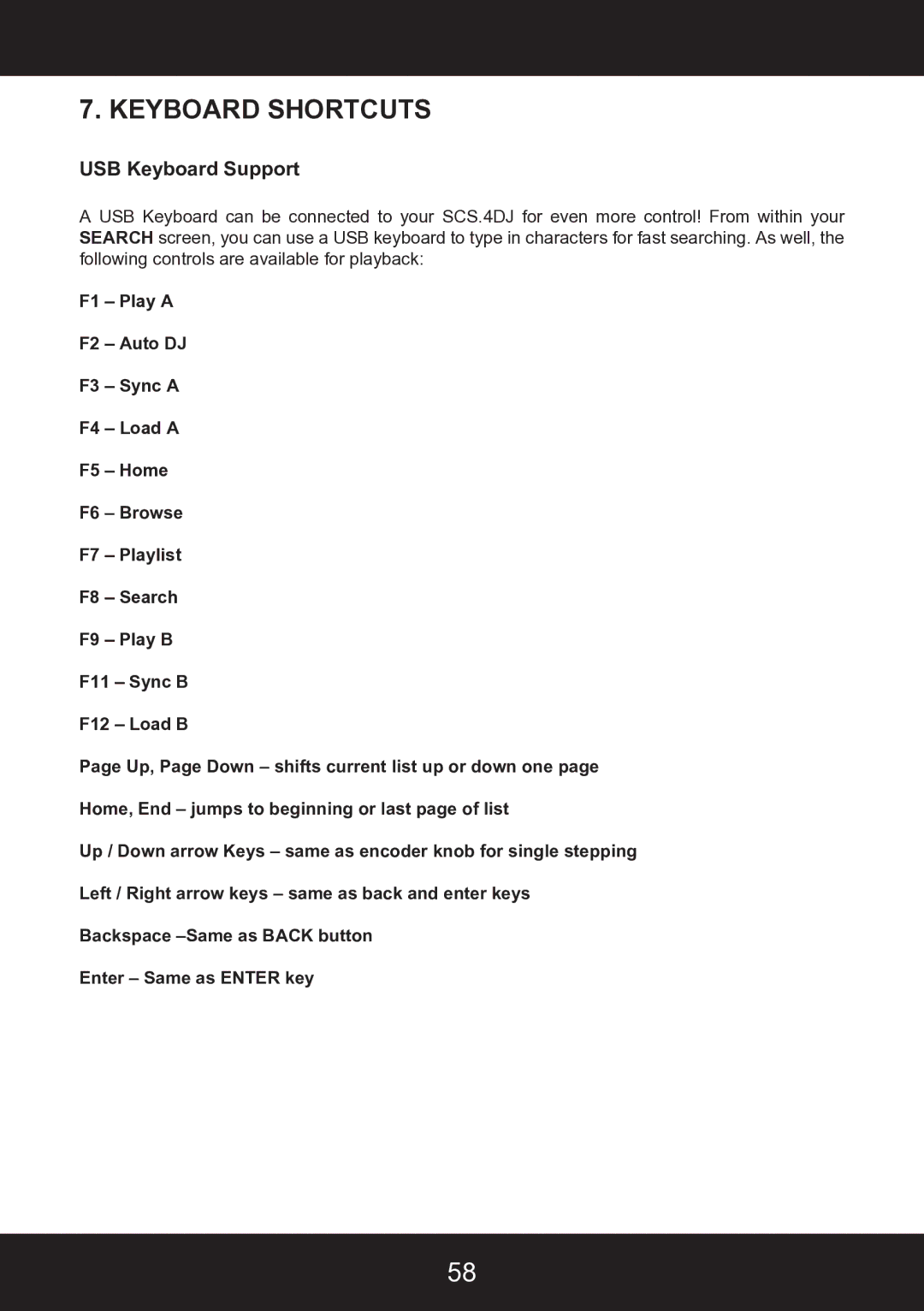 Stanton SCS.4DJ user manual Keyboard Shortcuts, USB Keyboard Support 