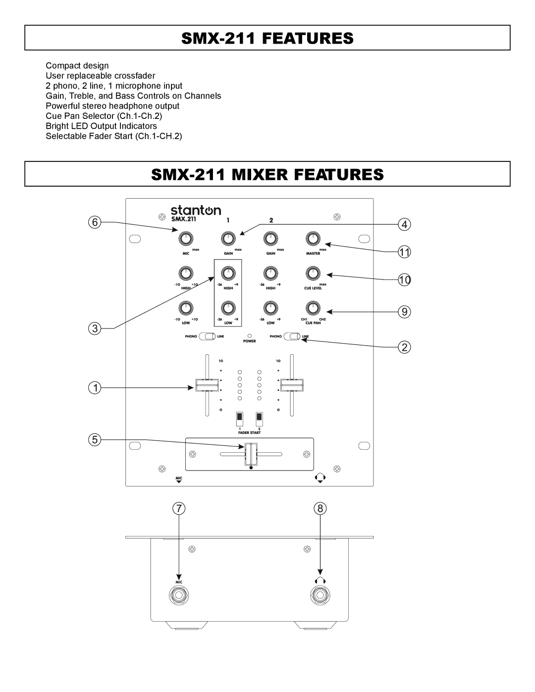 Stanton SINGLE TOP LOADING CD PLAYER PROFESSIONAL PREAMP MIXER owner manual SMX-211 Features, SMX-211 Mixer Features 