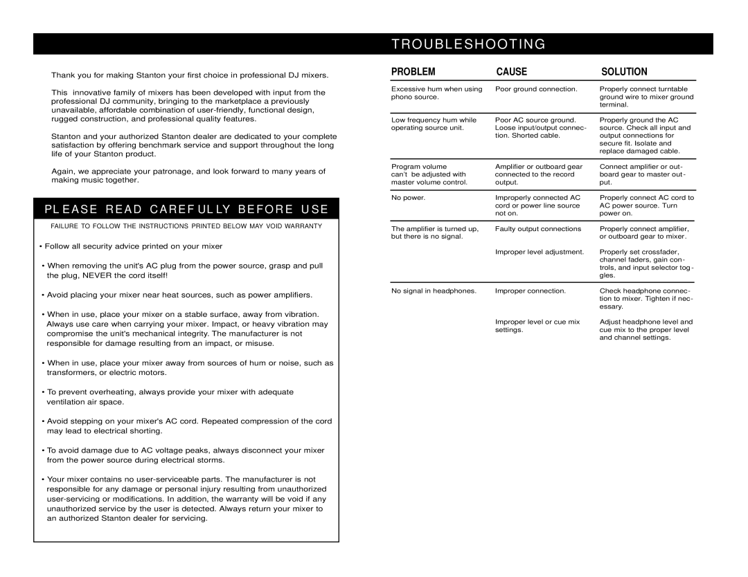 Stanton SK 6F owner manual Troubleshooting, PL Ease Read Caref UL LY B E F O R E U SE 