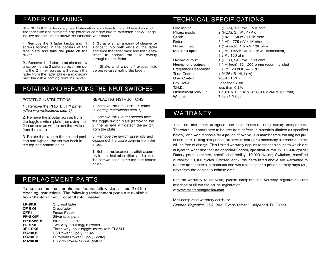 Stanton SK 6F Fader Cleaning, Technical Specifications, Rotating and Replacing the Input Switches, WA R R a N T Y 