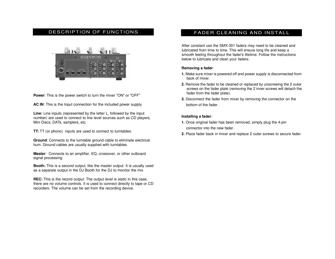 Stanton SMX-301 owner manual Description of Functions, Fader Cleaning and Inst a L L 