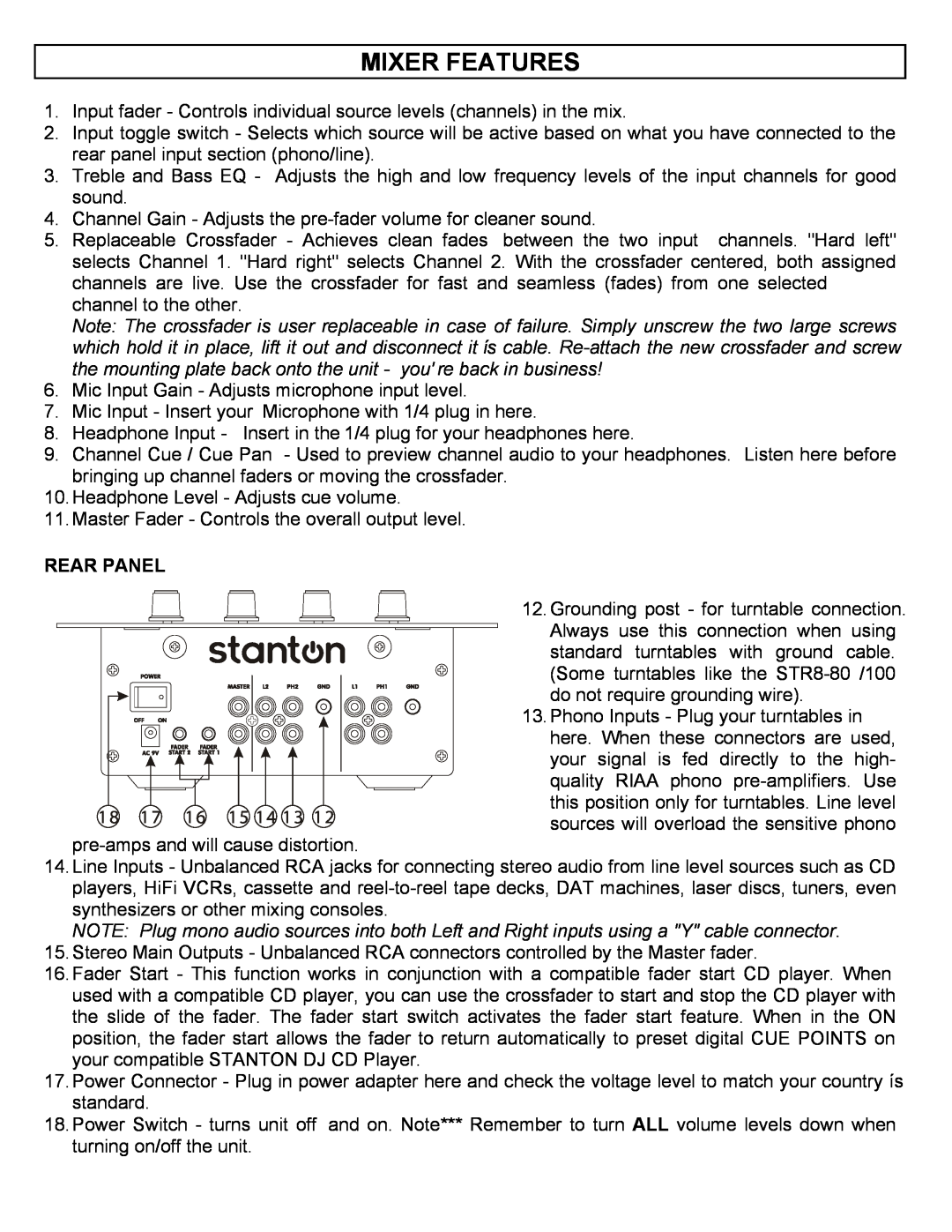 Stanton SMX.211 manual Rear Panel, 18 17 16 15 14 13, Mixer Features 