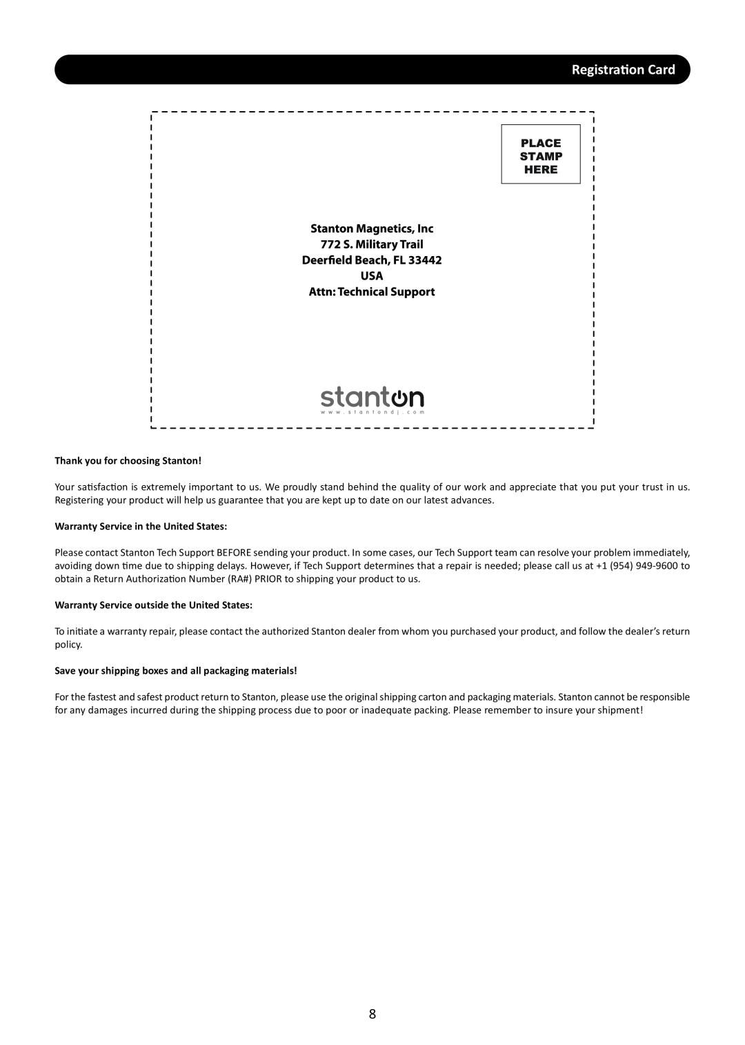 Stanton SMX.311 manual registration Card, Thank you for choosing Stanton, Warranty Service in the United States 