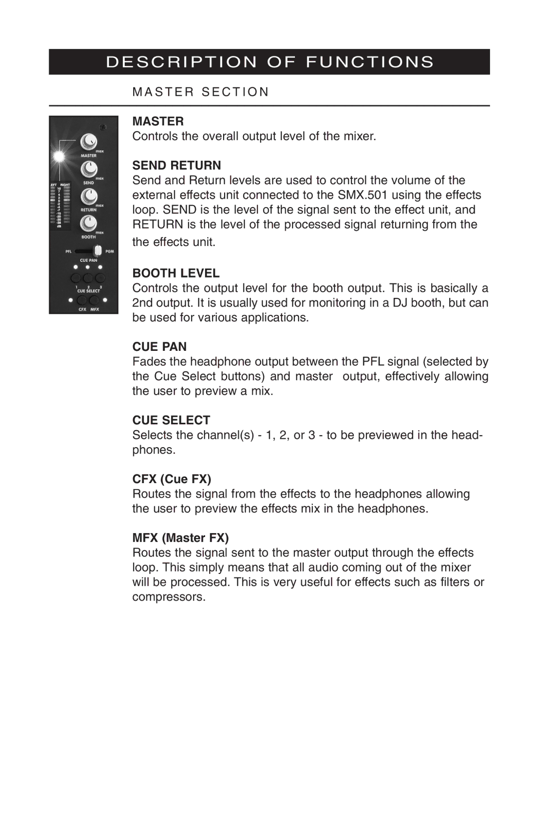 Stanton SMX.501 owner manual Master, Send Return, Booth Level, Cue Pan, CUE Select 