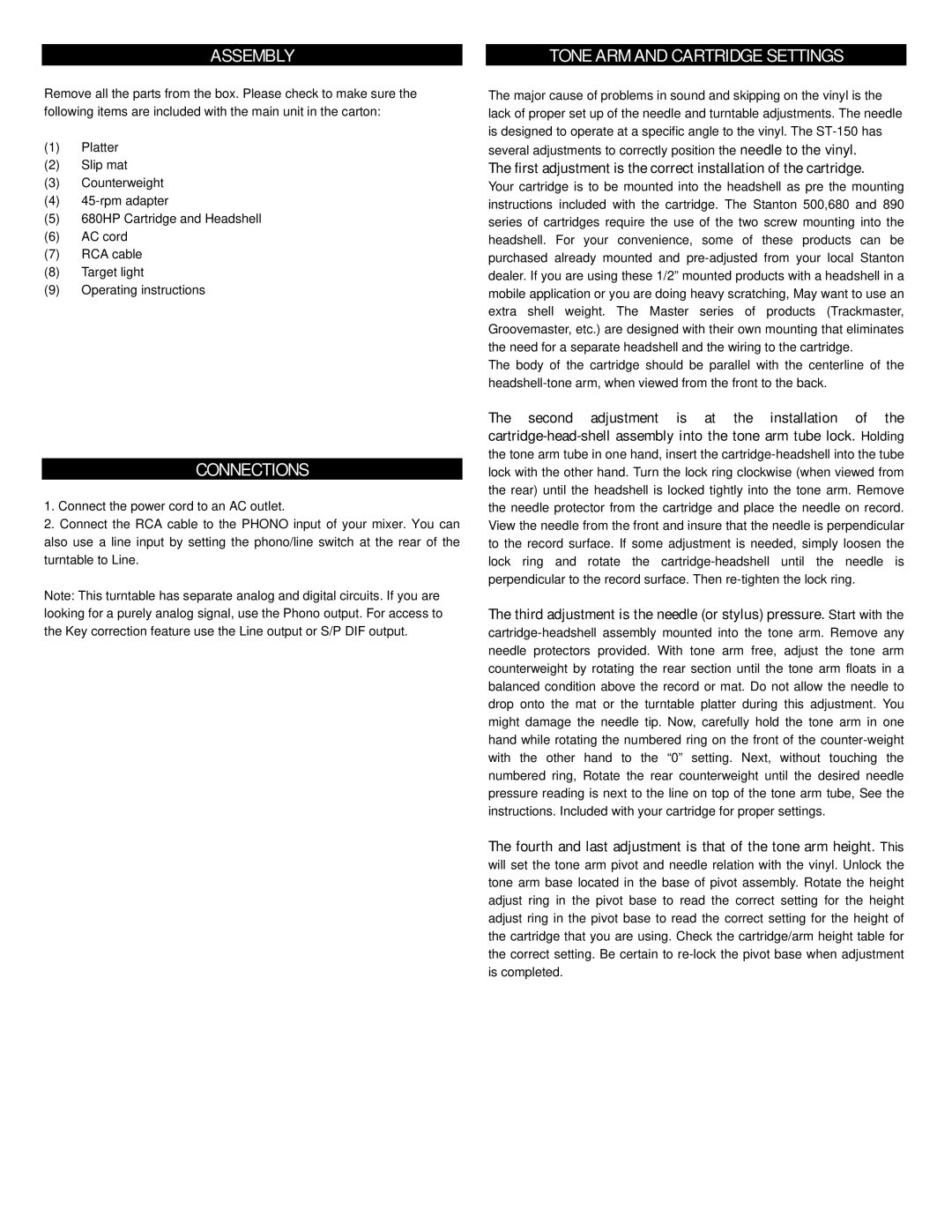 Stanton ST-150 owner manual Assembly Tone ARM and Cartridge Settings, Connections 