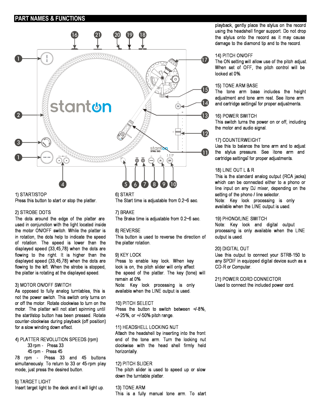 Stanton STR8-150 owner manual playback, gently place the stylus on the record, 5 6 