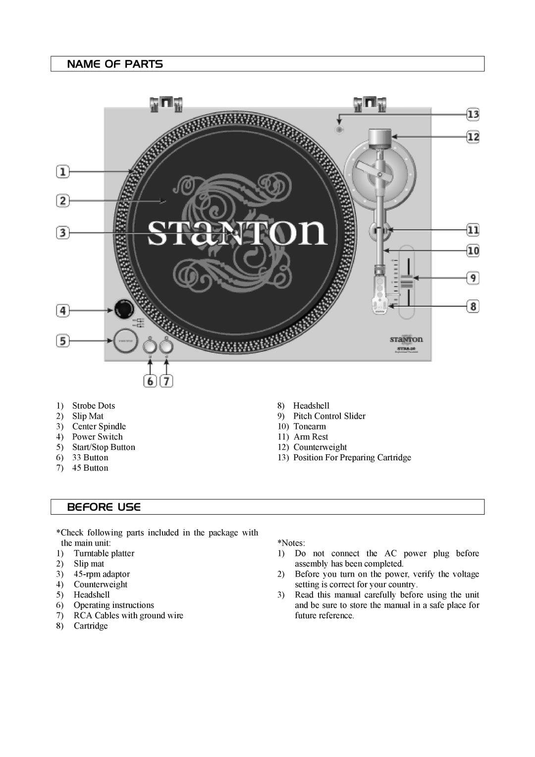 Stanton STR8-20 manual Name of Parts, Before USE 