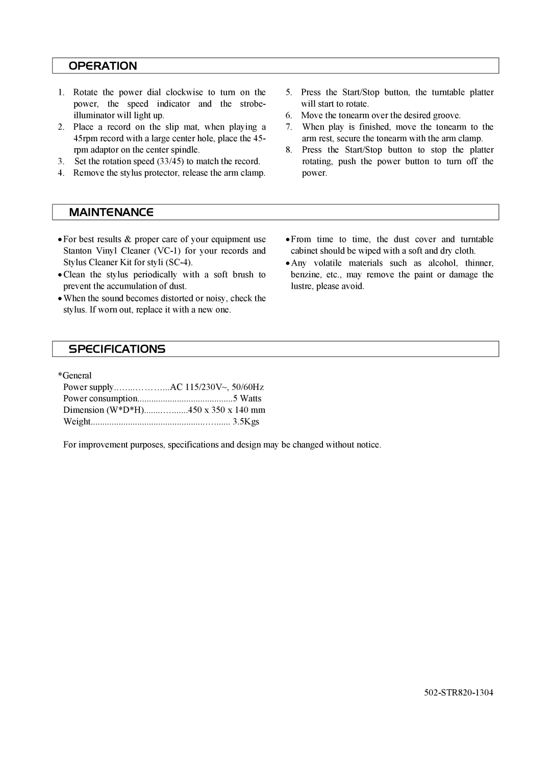 Stanton STR8-20 manual Operation, Maintenance, Specifications 