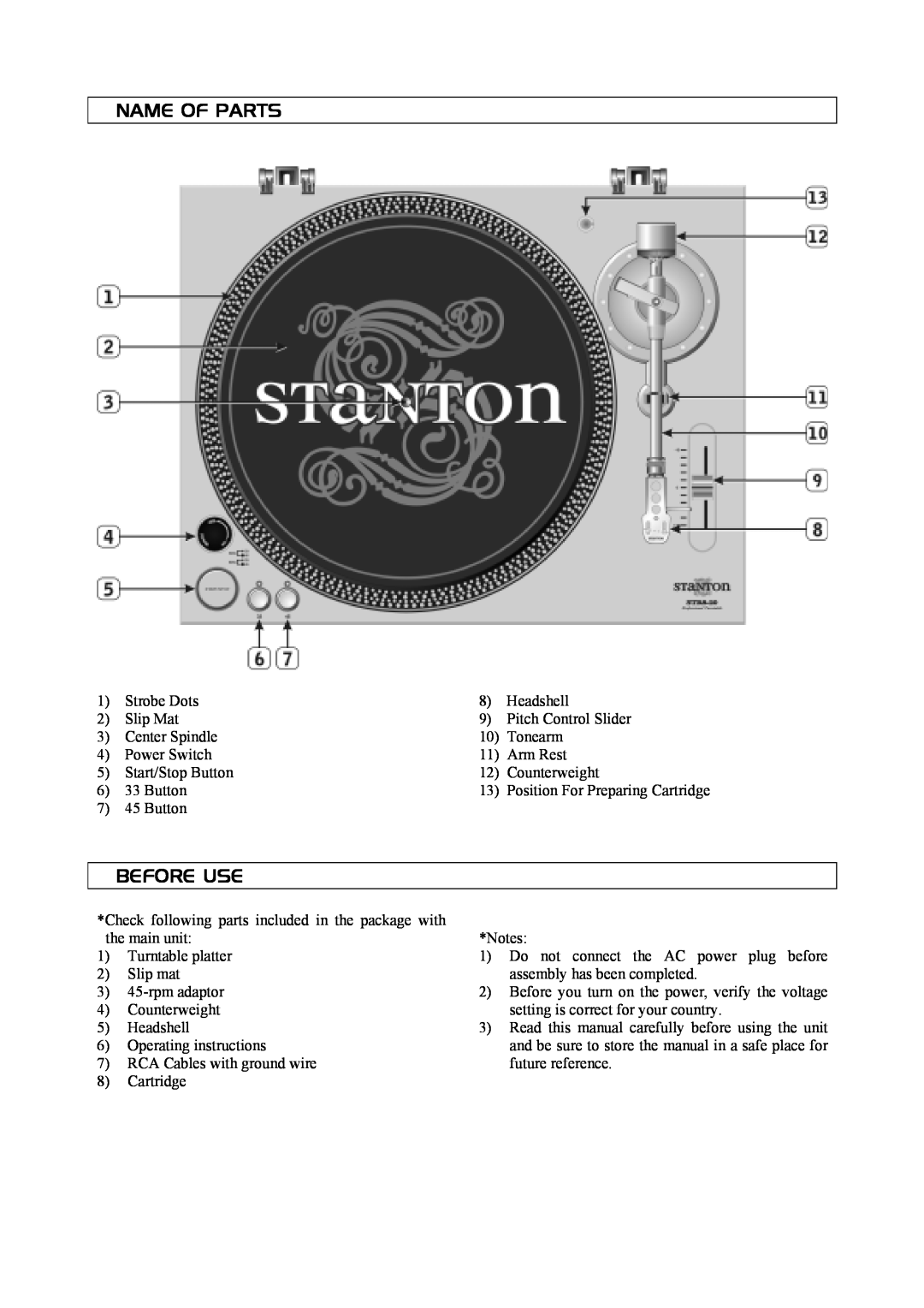 Stanton STR8-20 manual Name Of Parts, Before Use 