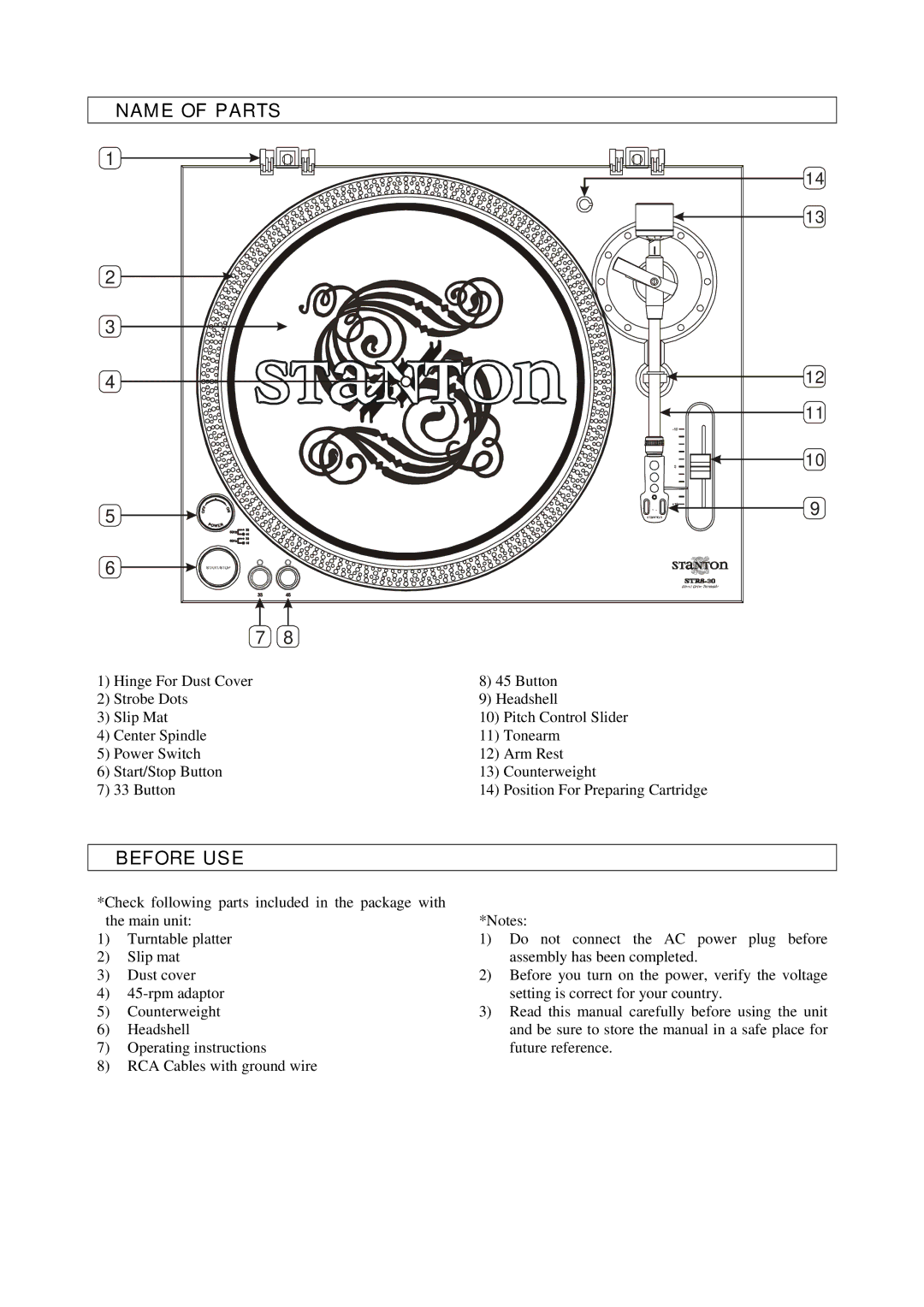 Stanton STR8-30 manual Name of Parts, Before USE 