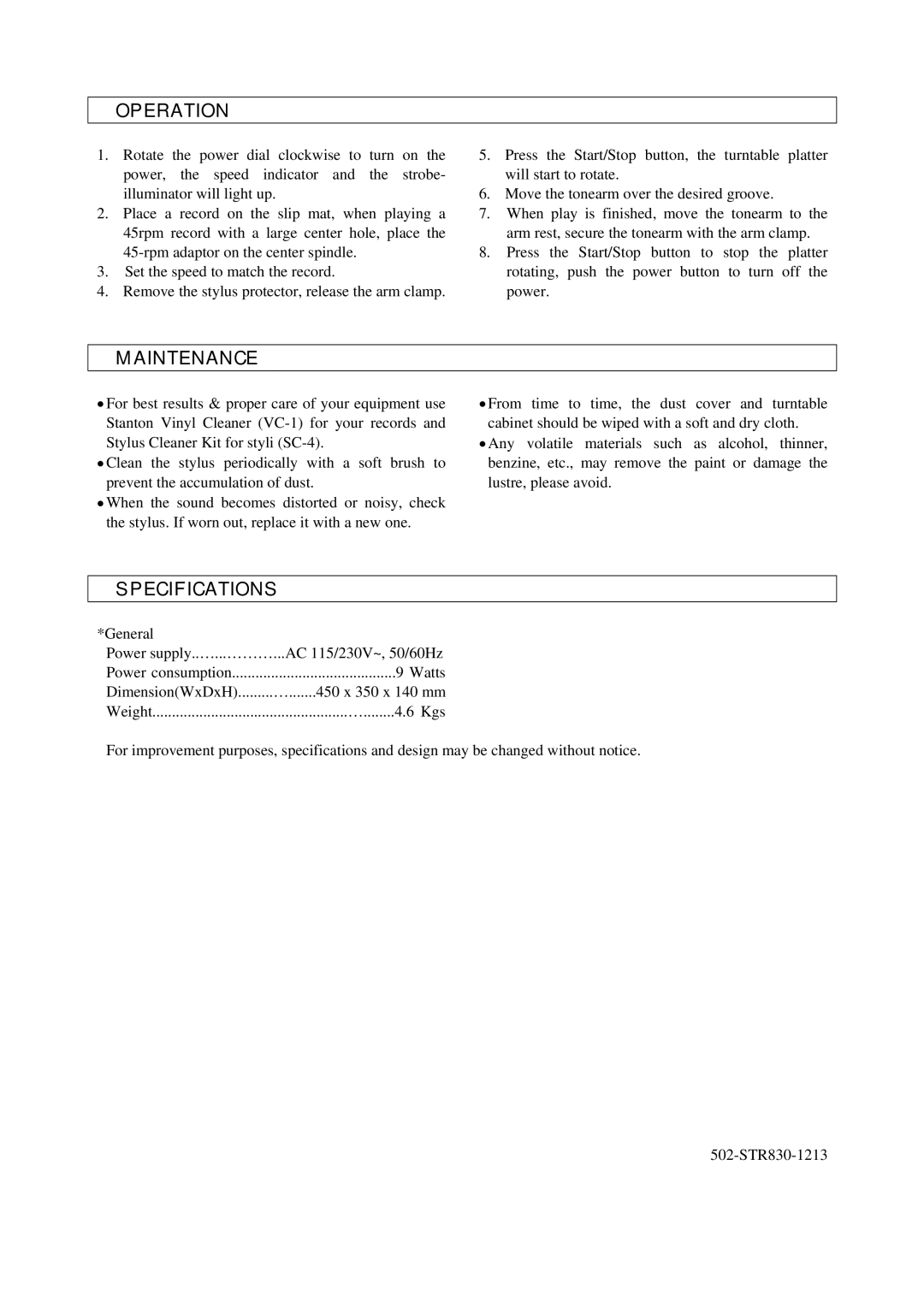 Stanton STR8-30 manual Operation, Maintenance, Specifications 