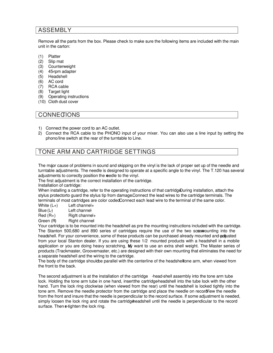 Stanton T.12O manual Assembly, Connections, Tone ARM and Cartridge Settings 