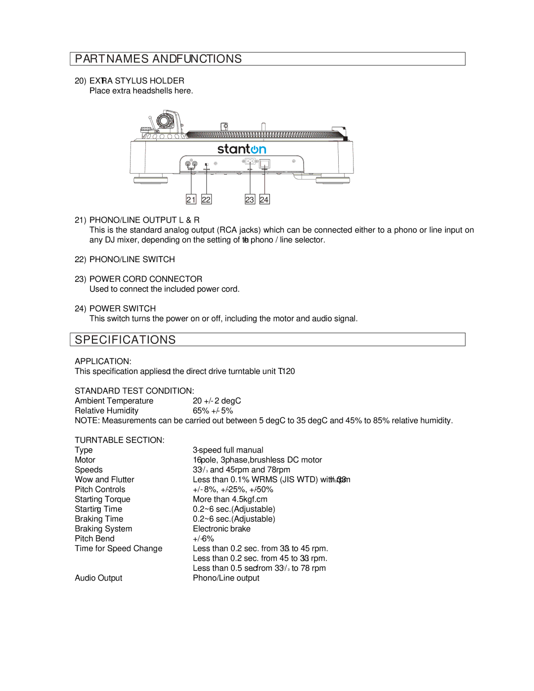 Stanton T.12O manual Specifications, PHONO/LINE Output L & R 