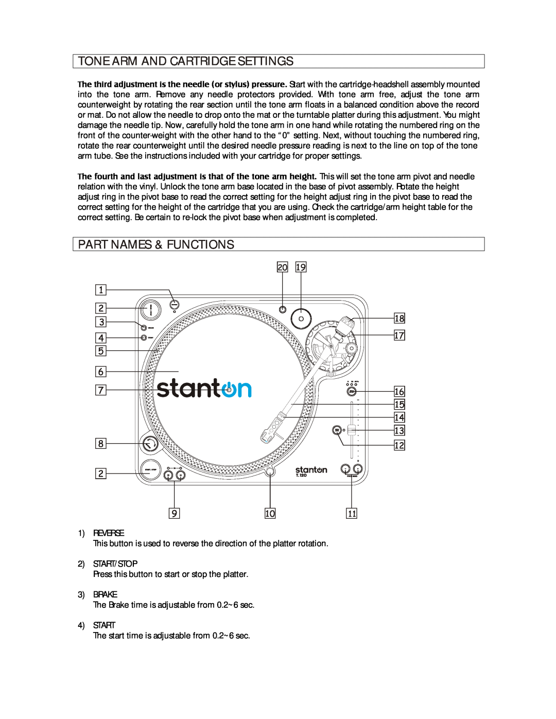 Stanton T.12O manual Part Names & Functions, Tone Arm And Cartridge Settings, 1 2, 18 17 16, 1REVERSE, 2START/STOP, 3BRAKE 