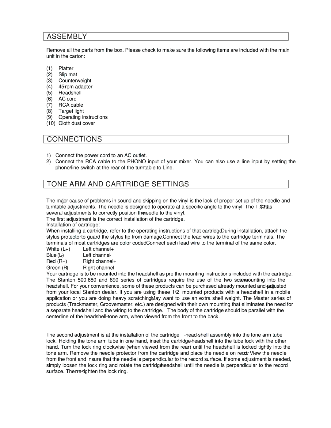 Stanton T.12OC manual Assembly, Connections, Tone ARM and Cartridge Settings 