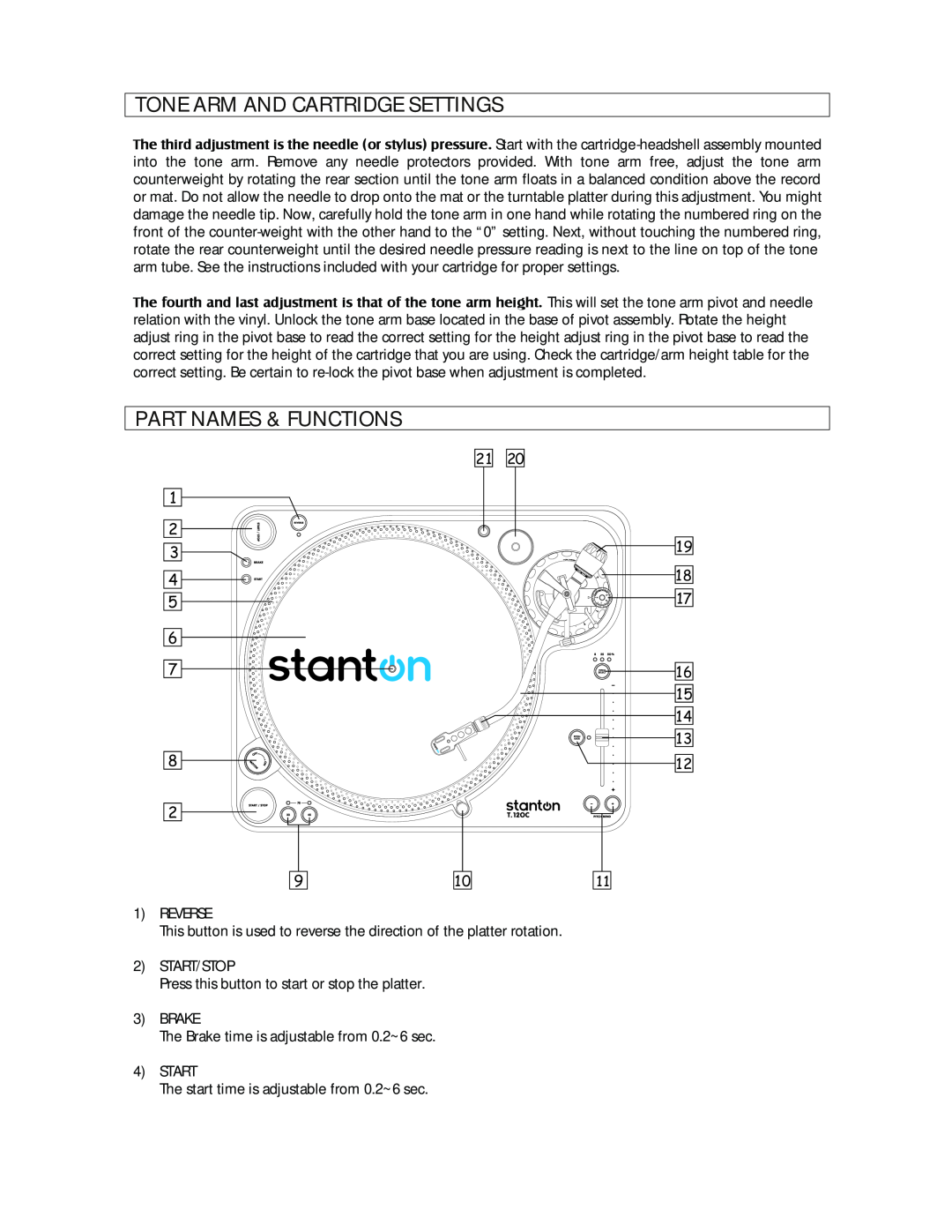 Stanton T.12OC manual Part Names & Functions, Tone Arm And Cartridge Settings, 2120, 19 18 17 16 15 14 