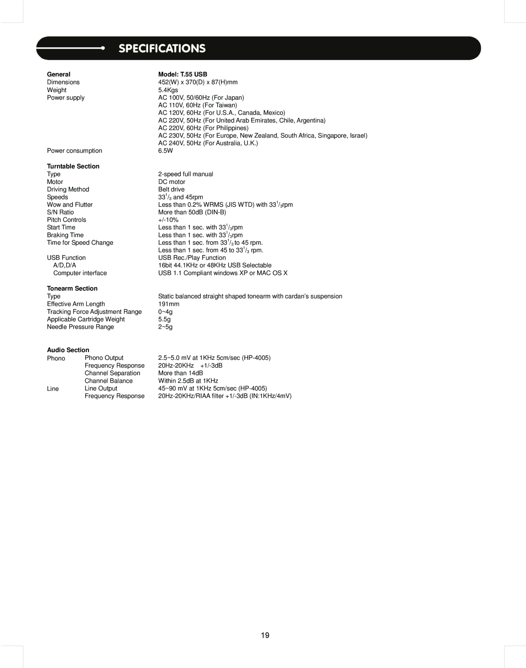 Stanton manual Specifications, General Model T.55 USB, Turntable Section, Tonearm Section, Audio Section 