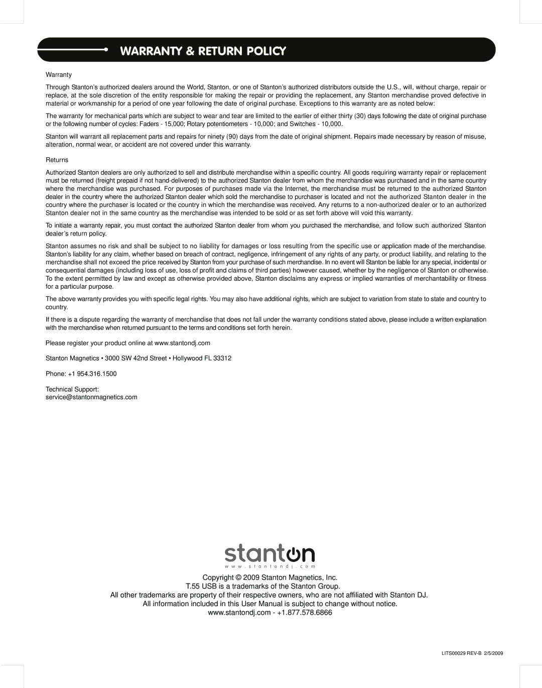 Stanton T.55 USB manual Warranty & Return Policy 