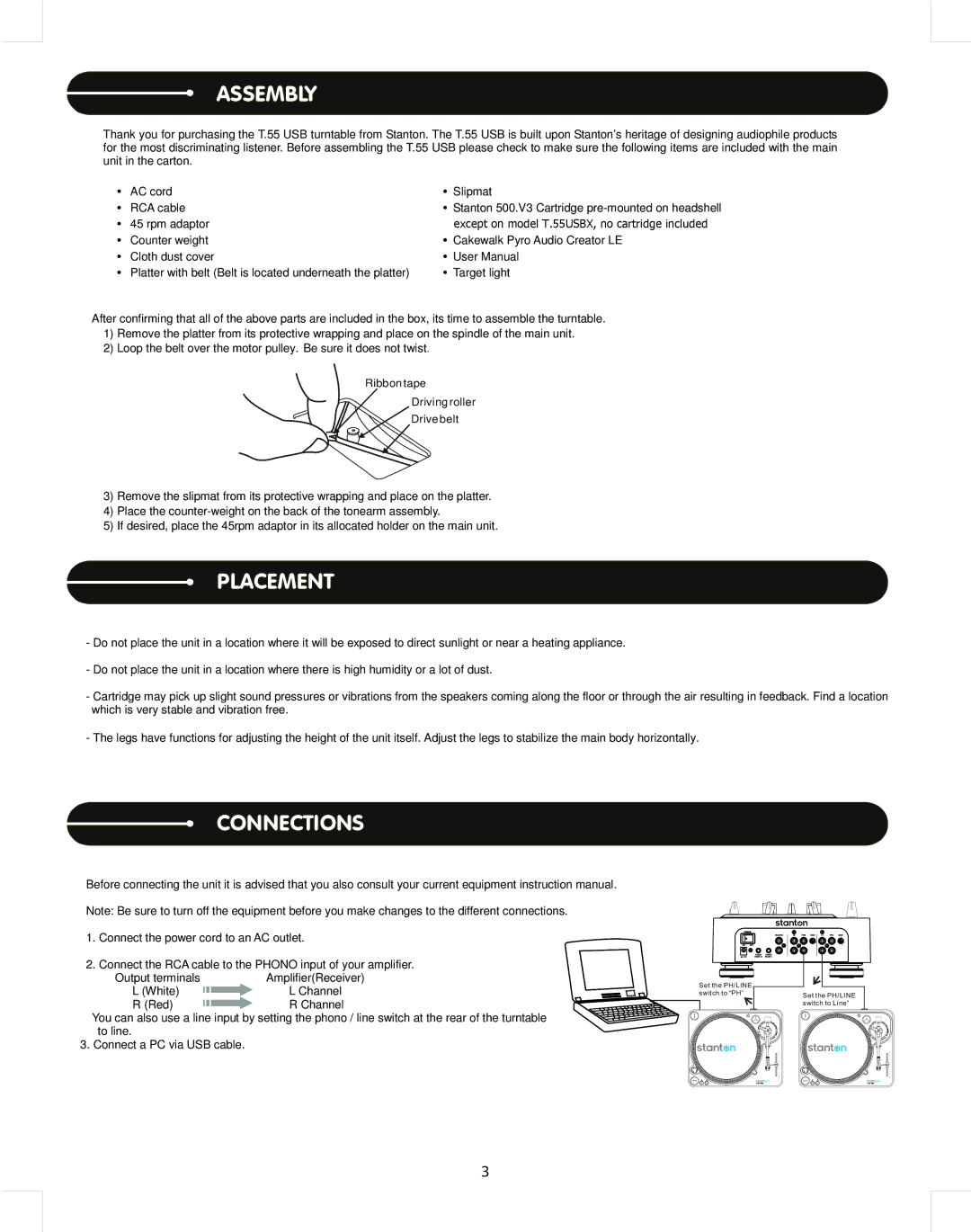 Stanton T.55 USB manual Assembly, Placement, Connections 