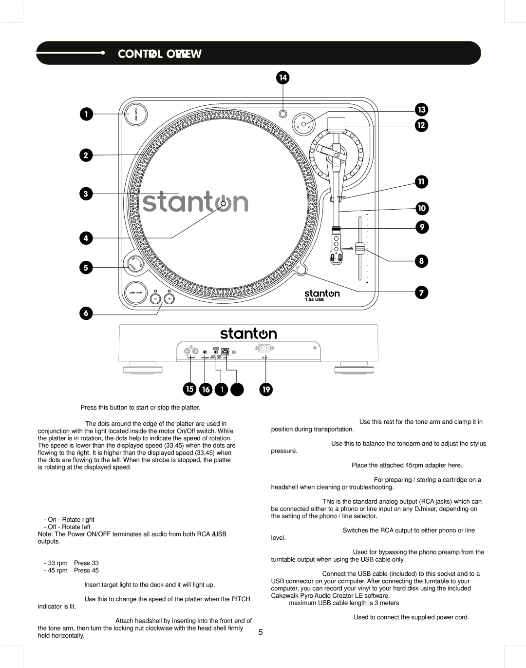 Stanton T.55 USB manual Control Overview, Slipmat Center spindle Power on/off, Platter revolution speeds, Tonearm 