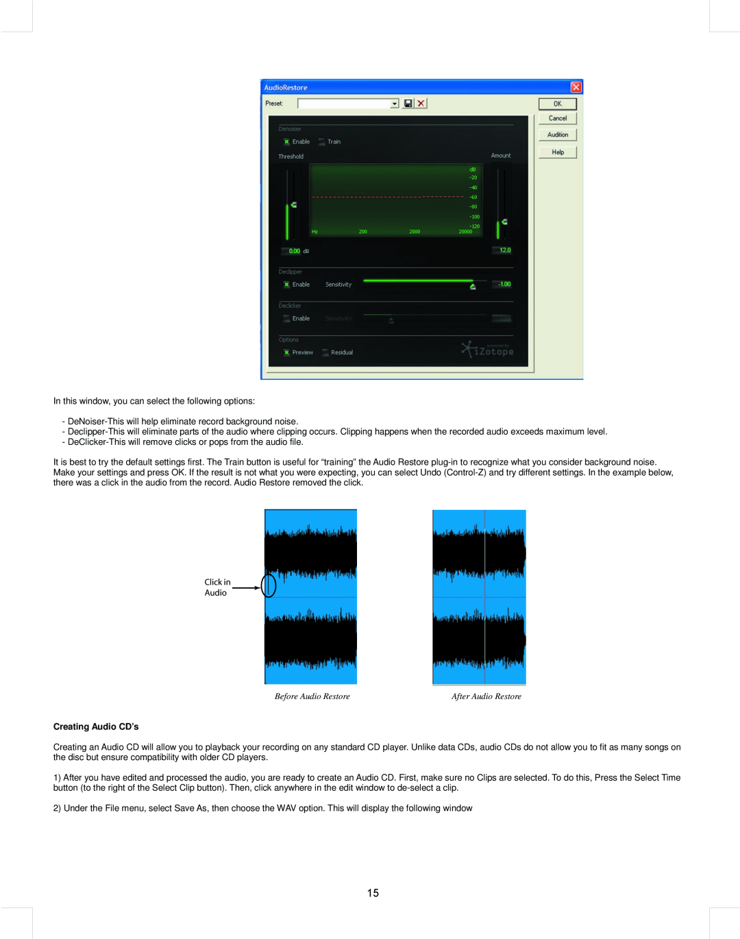 Stanton T.55 USB manual Before Audio Restore, Creating Audio CD’s, Click in Audio 