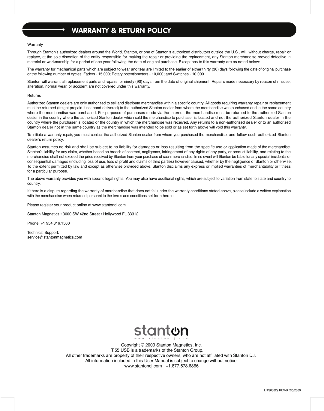 Stanton T.55 USB manual Warranty & Return Policy, Copyright 2009 Stanton Magnetics, Inc 