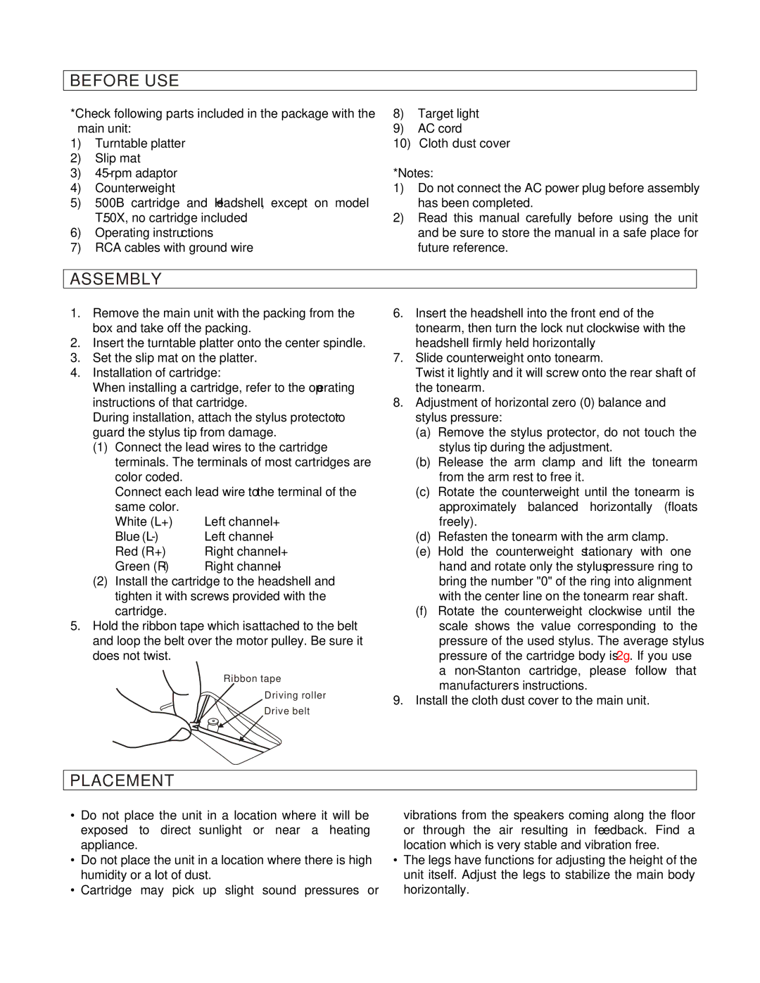 Stanton T.5O operating instructions Before USE, Assembly, Placement 