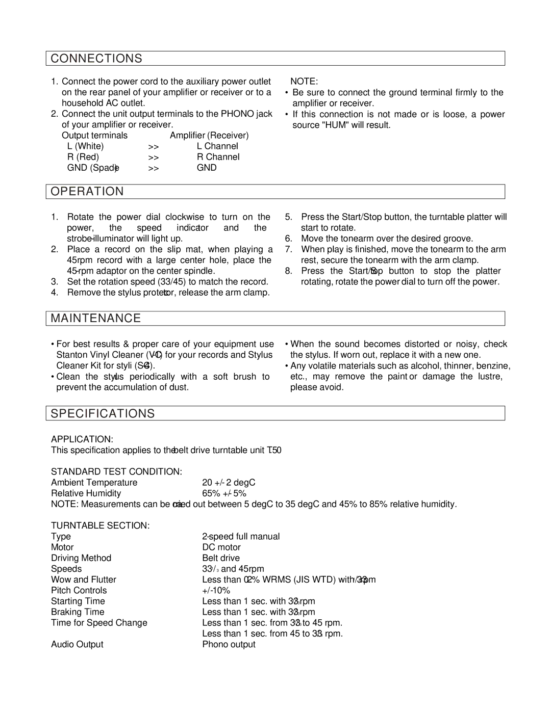 Stanton T.5O operating instructions Connections, Operation, Maintenance, Specifications 